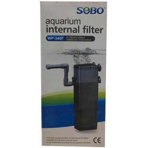 SOBO WP-340F internal aquarium filter packaging with product details and water graphics.