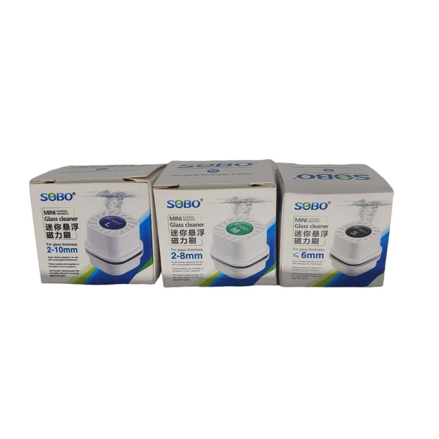 SOBO Mini Magnet Cleaner packaging featuring three sizes for aquarium cleaning: 2-10mm, 2-8mm, and 6mm.