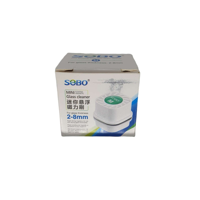 SOBO Mini Magnet Cleaner box with product details for aquarium glass cleaning, suitable for glass thickness 2-8mm.