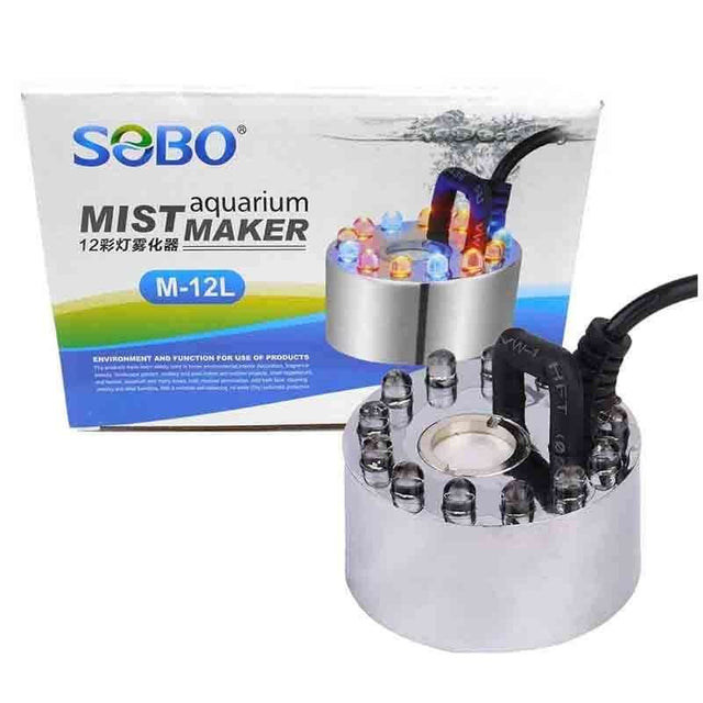 SOBO Mist Maker aquarium device with colorful lights for creating ultra-fine mist and increasing humidity in enclosed spaces.