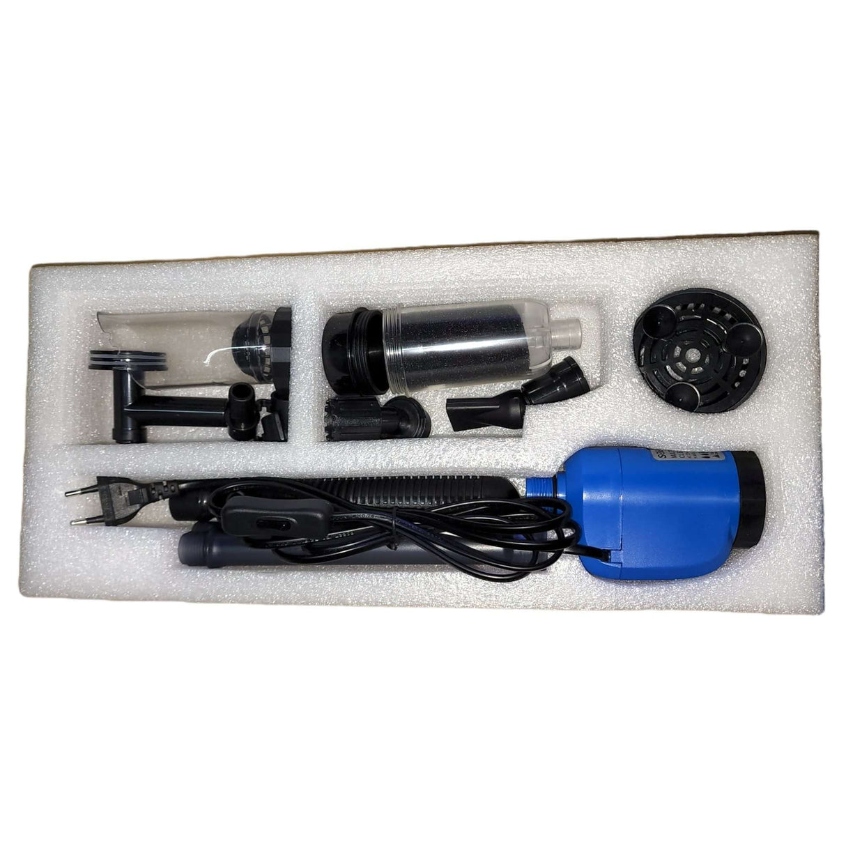 SOBO Multifunctional Aquarium Cleaner BO-058 components displayed in protective packaging for easy identification and assembly.