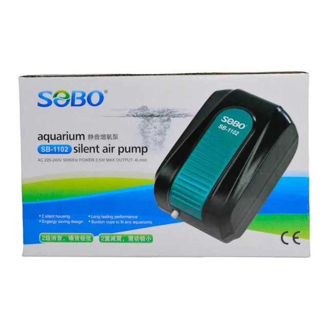 SOBO SB-1102 Silent Air Pump packaging showcasing its features for quiet and efficient aquarium air supply.