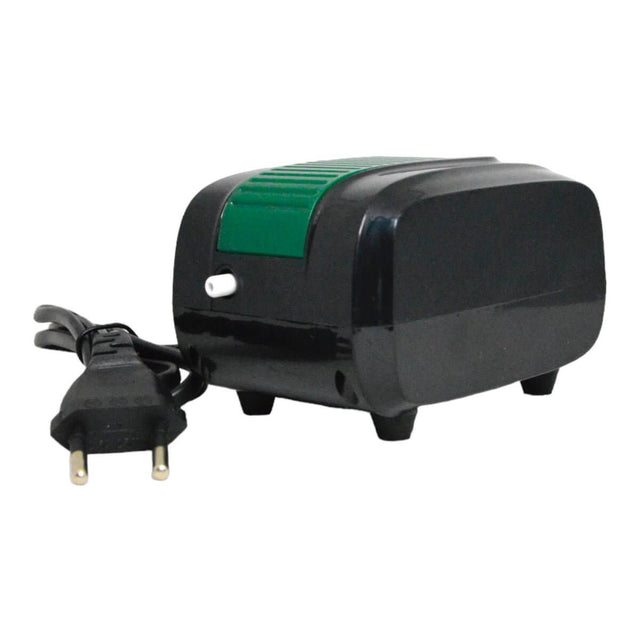 SOBO SB-1102 Silent Air Pump in black with green accents and power cord for aquariums. Energy-efficient and quiet operation.