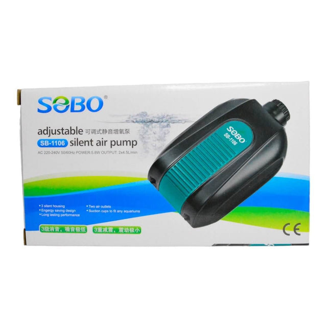 SOBO SB-1106 Adjustable Silent Air Pump packaging showcasing its features and specifications for aquarium use.