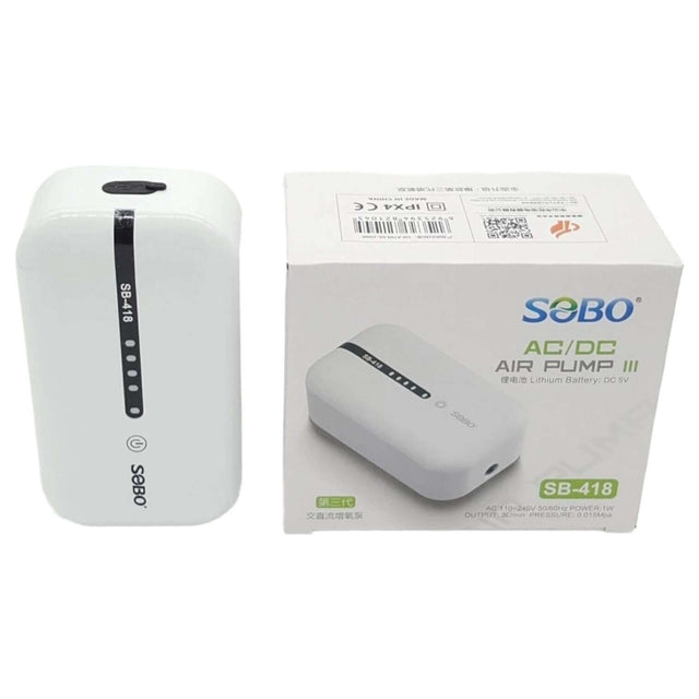 SOBO SB-418 AC/DC USB chargeable air pump displayed with packaging, showcasing compact design and indicator lights.