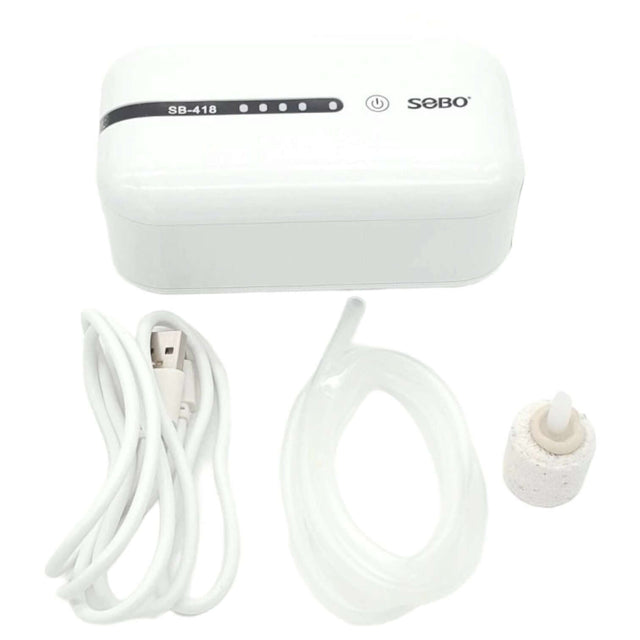 SOBO SB-418 USB chargeable air pump with power cable, air hose, and cylinder air stone for backup use.