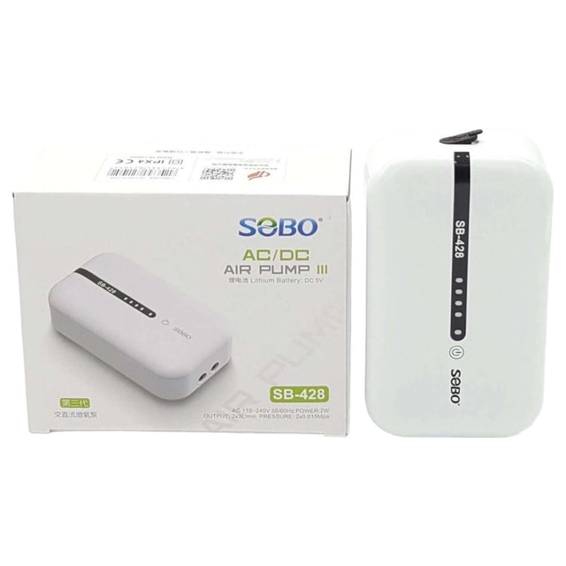 SOBO SB-428 AC/DC USB chargeable air pump with battery, box packaging, double outlet, and power specifications displayed.