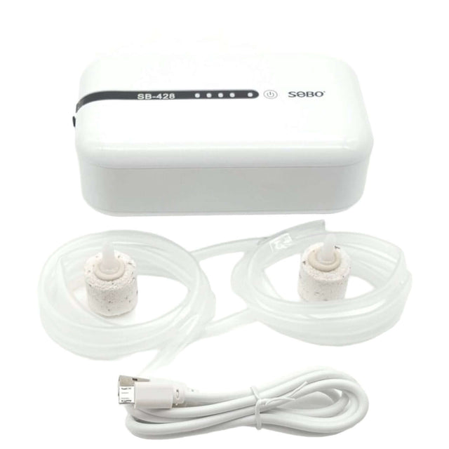 SOBO SB-428 USB chargeable air pump with two air hoses and cylinder air stones for versatile backup use.