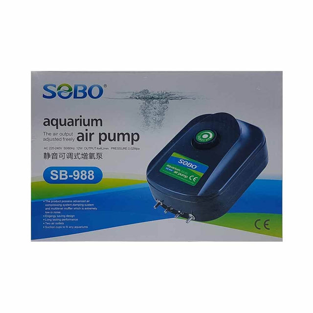 SOBO SB-988 aquarium air pump with adjustable air flow, 12 watts power, and 4x4L/min output for optimal performance.