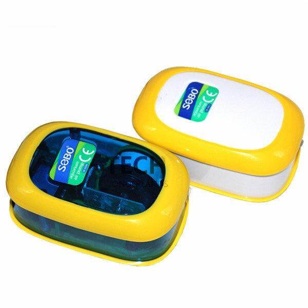 Sobo SB9903 Single Outlet Air Pump shown from top angle, featuring blue and yellow design for aquarium use.
