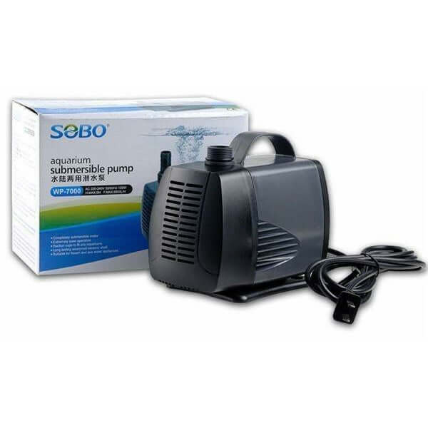 SOBO WP-7000 aquarium submersible pump with box and power cord for freshwater and saltwater use.