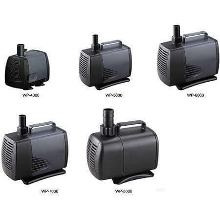 Various SOBO submersible water pumps, models WP-4000, WP-5000, WP-6000, WP-7000, WP-8000, showcasing durable design.