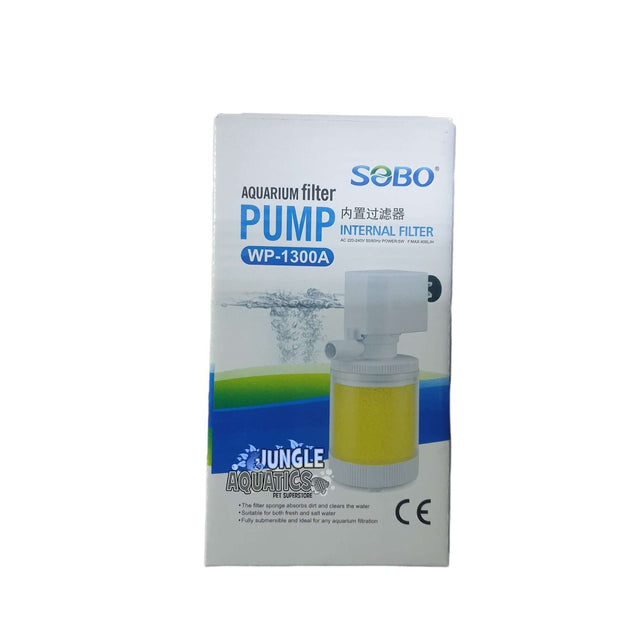 SOBO WP-1300A Internal Filter packaging for aquariums, featuring pump details and usage instructions.