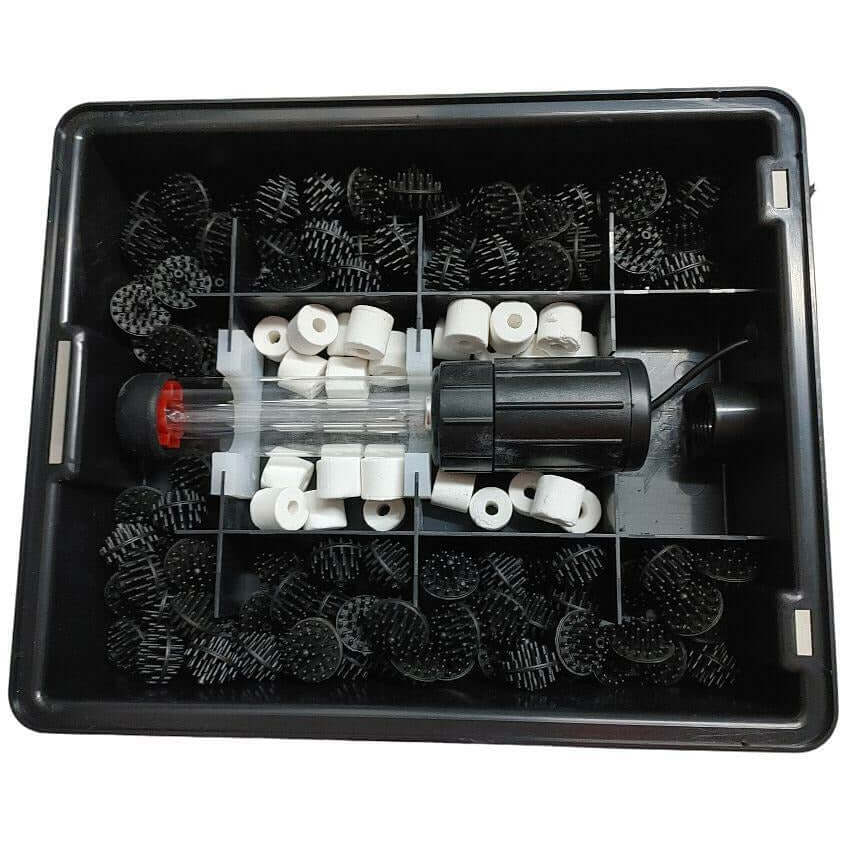 SOBO WP-360FPUV pond filter components including motor and filtration media in a black container.