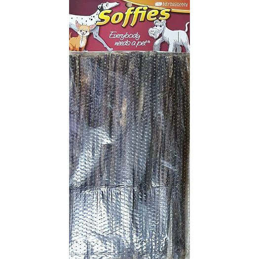 Soffies Dog Treats package featuring pure beef sticks for dental health and low-fat stimulation for pets.