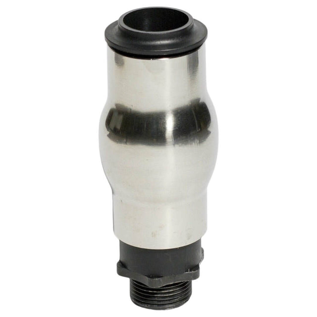 Stainless steel foam jet fountain nozzle with ABS plastic connector for water features and fountains.