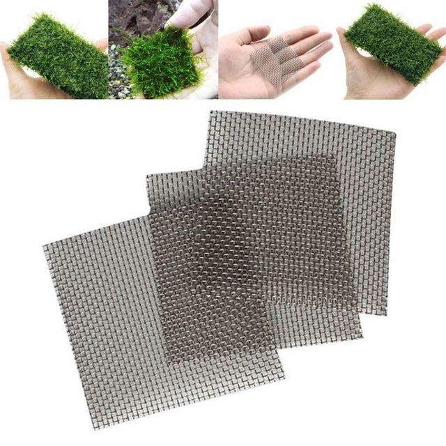 Stainless steel moss wire mesh net 10pc pack with green moss samples, showcasing durability and versatility for aquatic environments.