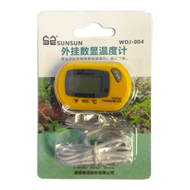Sun Sun Digital Aquarium Thermometer with wire probe in packaging, featuring an LCD display and suction base for easy installation.