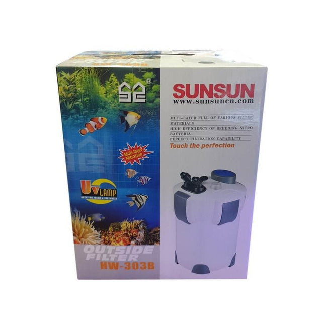 SunSun HW-303B Canister Filter packaging with UV lamp and aquarium graphics for enhanced filtration efficiency.
