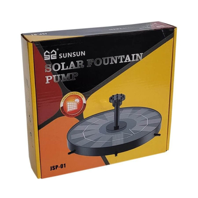 Sun Sun Solar Fountain Pump JSP-01 packaging, showcasing eco-friendly design for gardens and ponds.