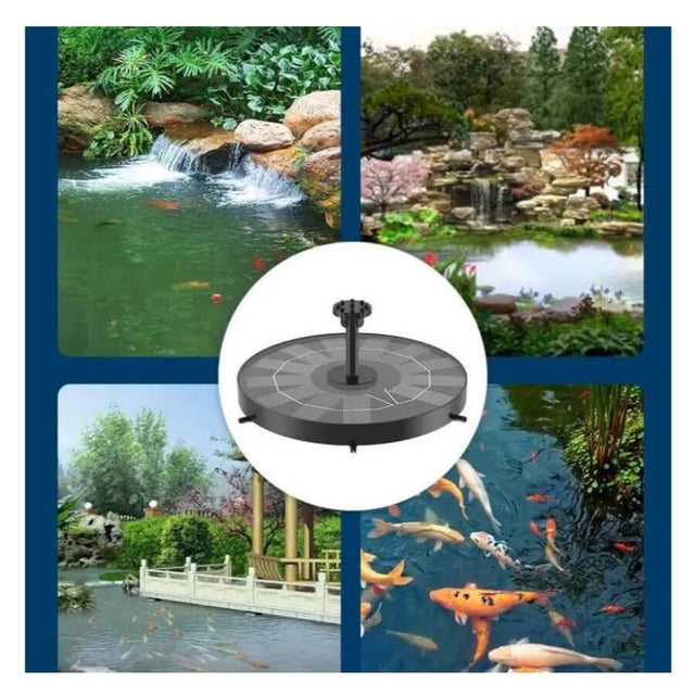 Sun Sun Solar Fountain Pump JSP-01 showcased with serene water features and koi ponds in a garden setting.