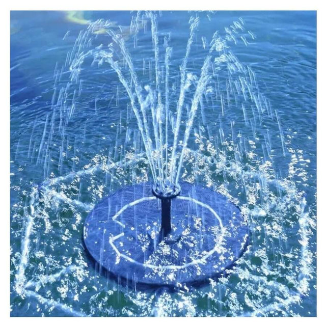 Solar-powered fountain pump spraying water in a pond, enhancing garden aesthetics with eco-friendly design.