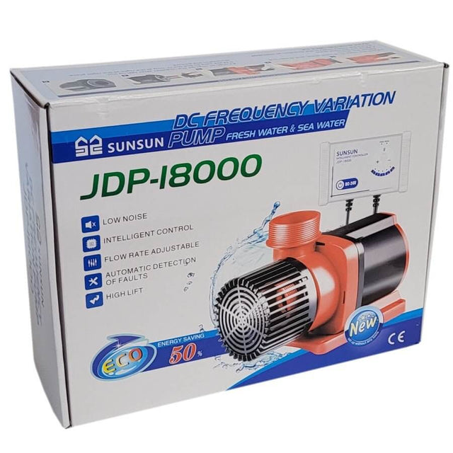 SunSun JDP-I8000 DC frequency variation pump box for fresh and saltwater use with features and specifications.