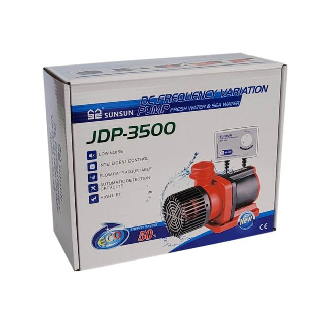 SunSun JDP-3500 DC frequency variation pump box featuring low noise and adjustable flow rate for fresh and saltwater use.