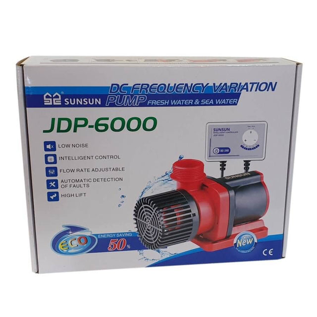 SunSun JDP-6000 DC frequency variation pump for fresh and saltwater, featuring low noise, adjustable flow, and energy-saving design.