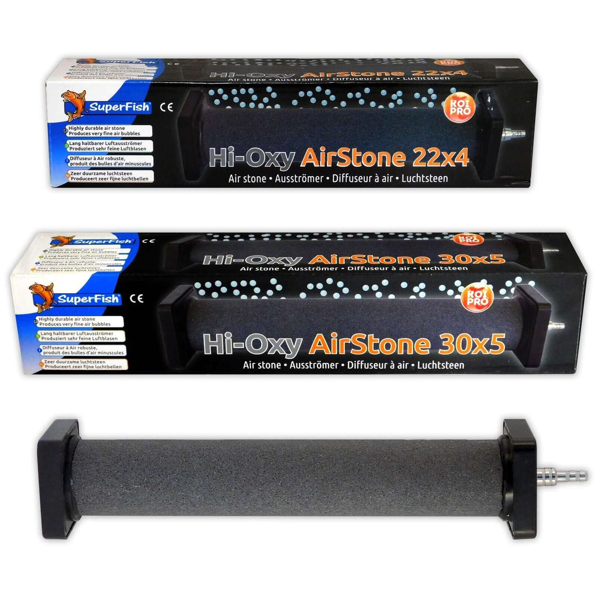 Superfish Hi-Oxy Airstones 22x4 and 30x5 packaging for high oxygen output in ponds and aquariums.