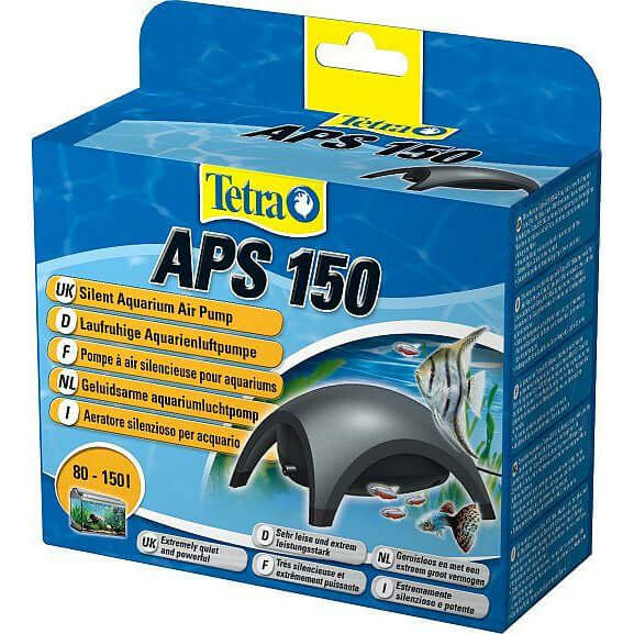 Tetra APS 150 Silent Aquarium Air Pump packaging with features and aquatic imagery displayed.