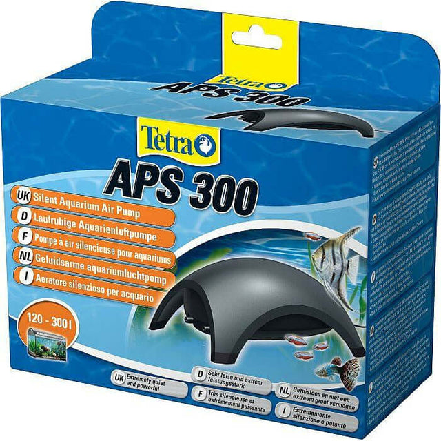 Tetra APS 300 Silent Aquarium Air Pump packaging, highlighting its low noise and high flow rate for aquarium use.