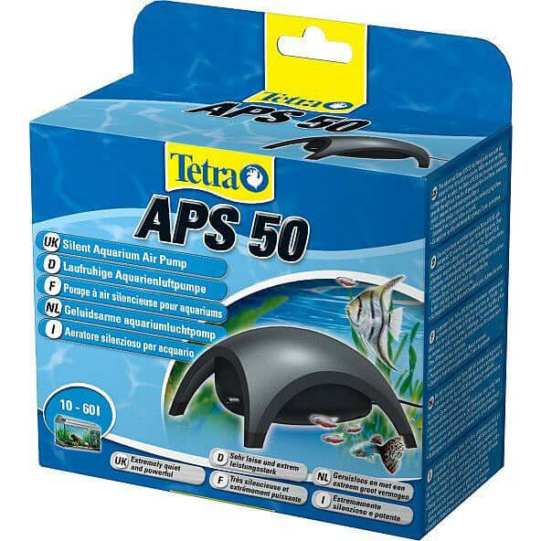 Tetra APS 50 Aquarium Air Pump packaging showcasing its quiet operation and adjustable flow features for aquatic setups.