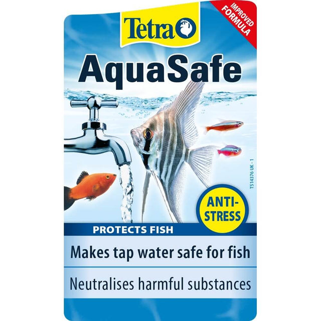 Tetra AquaSafe water conditioner package, making tap water safe for fish and neutralizing harmful substances.