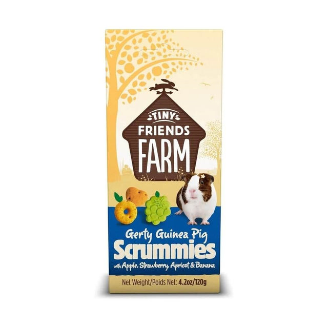 Tiny Friends Gerty Scrummies 120g package featuring guinea pig treats with apple, strawberry, apricot, and banana flavors.
