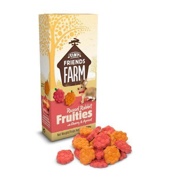 Tiny Friends Russel Fruities Cherry and Apricot 120g box with colorful baked treats for pets, perfect for hand-feeding.