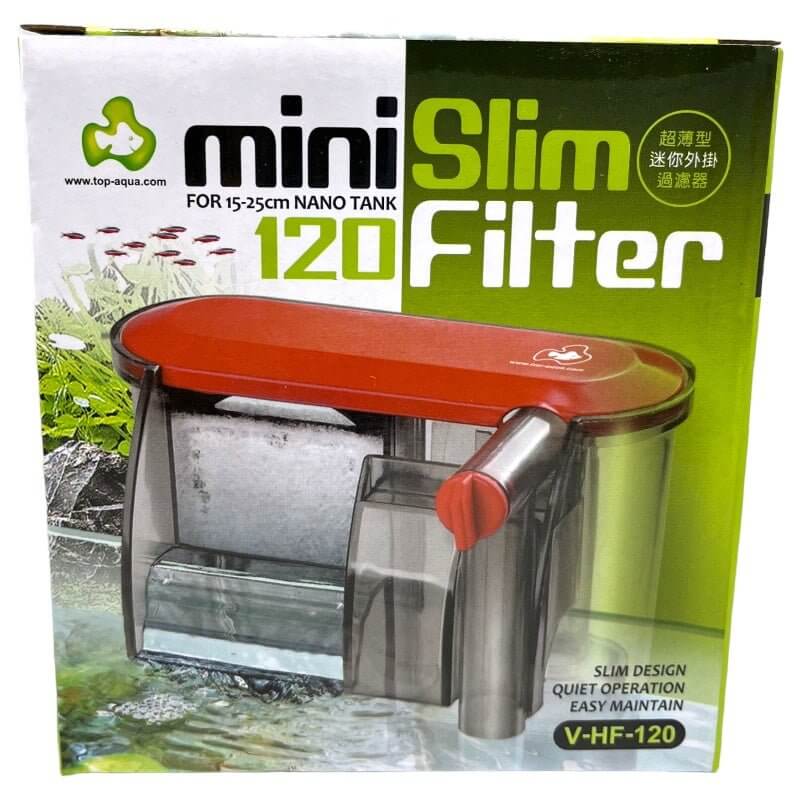 Mini Slim 120 Filter by Top Aqua for 15-25cm nano tanks, featuring a slim design and quiet operation.