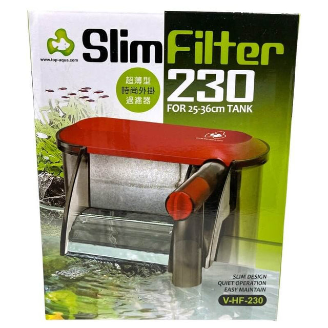 Top Aqua Slim Filter 230 for 25-36cm tanks, featuring a sleek design for quiet operation and easy maintenance.
