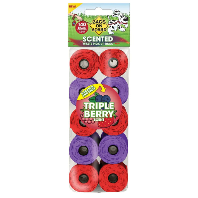 Bags on Board Triple Berry Scented Refill Poop Bags, 140 count, red and purple rolls for easy pet waste cleanup.