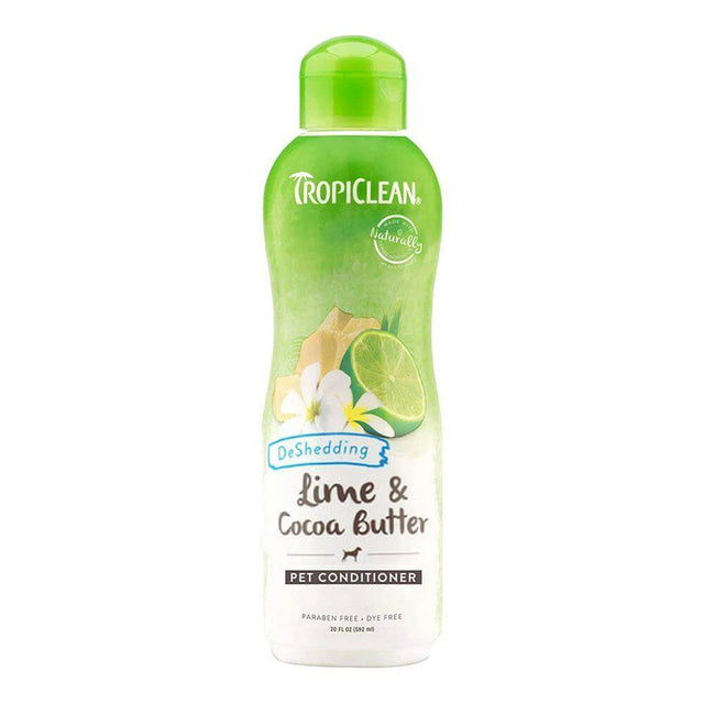 Tropiclean Lime & Cocoa Butter Pet Conditioner 355ml bottle, designed to reduce shedding and eliminate tangles.