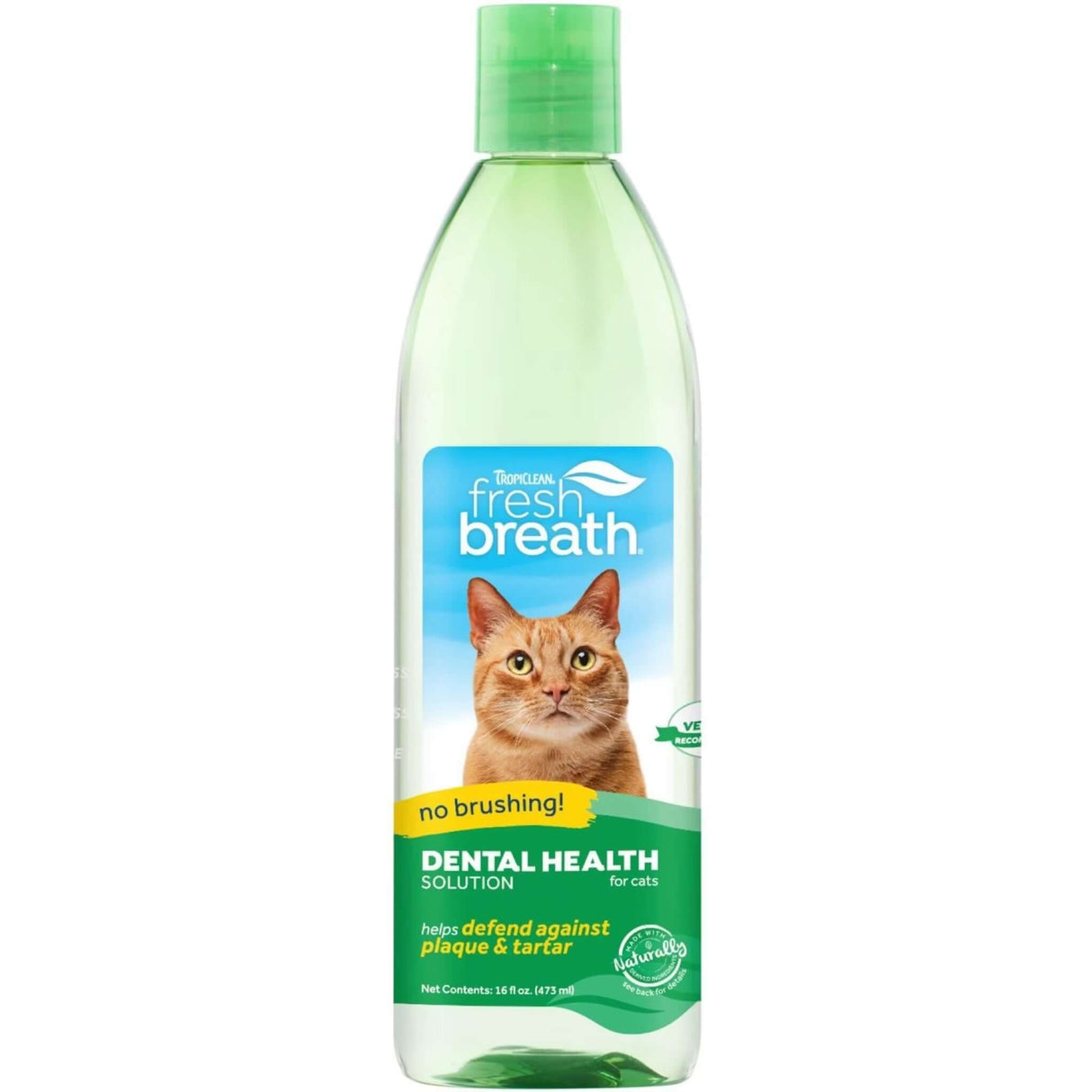 Tropiclean Fresh Breath cat water additive for dental health, 16oz bottle, easy plaque and tartar defense, no brushing needed.