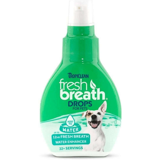 Tropiclean Fresh Breath Drops for pets in green bottle, promotes fresh breath and oral health for dogs with natural ingredients.