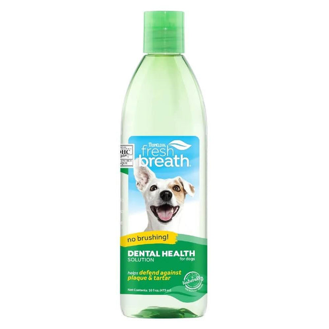 Tropiclean Fresh Breath Water Additive for Dogs 473ml, promotes dental health without brushing, helps reduce plaque and tartar.