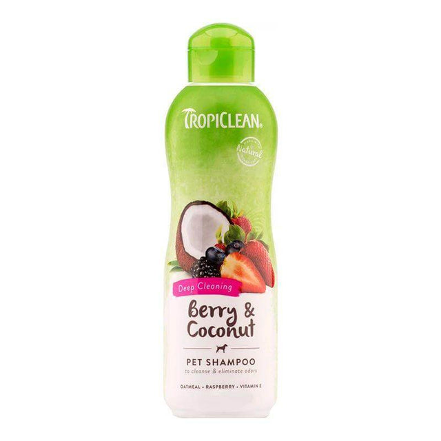 Tropiclean Berry & Coconut Pet Shampoo 355ml bottle for deep cleaning and hydration for pets' coats.