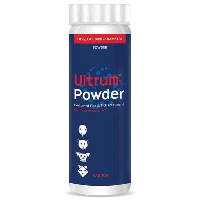 Ultrum Tick & Flea Powder for dogs, cats, and birds in a 100g container, effective insecticide for pets.