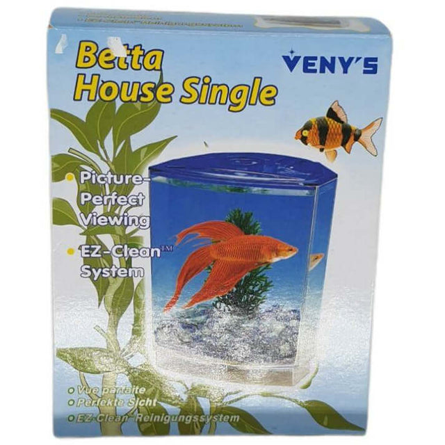 Veny's Betta House Single aquarium with clear viewing and EZ-Clean system for Betta fish housing.