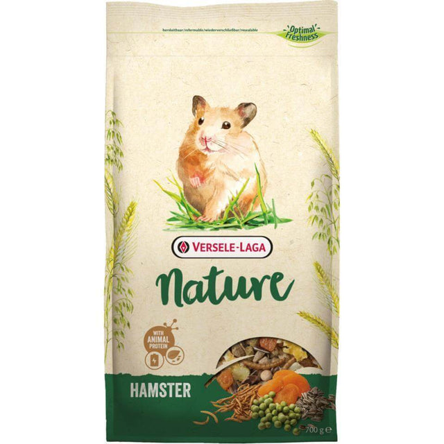 Versele Laga Nature Hamster 700g packaging featuring a hamster and natural ingredients for optimal pet nutrition.