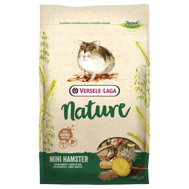 Versele Laga Mini Hamster food 400g package featuring a hamster and balanced ingredients for optimal health.