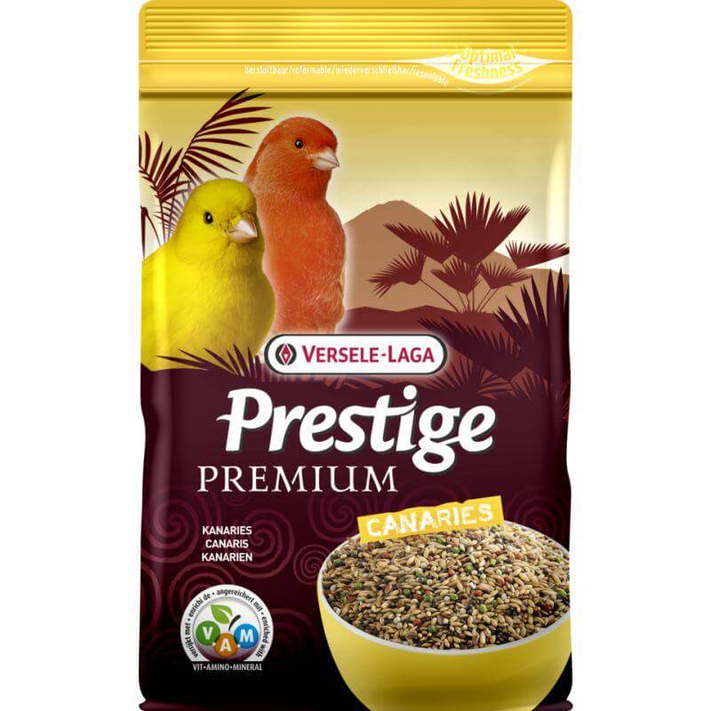 Versele-Laga Prestige Canary Premium 800g pack featuring colorful canaries and nutritious seed mix for optimal bird health.