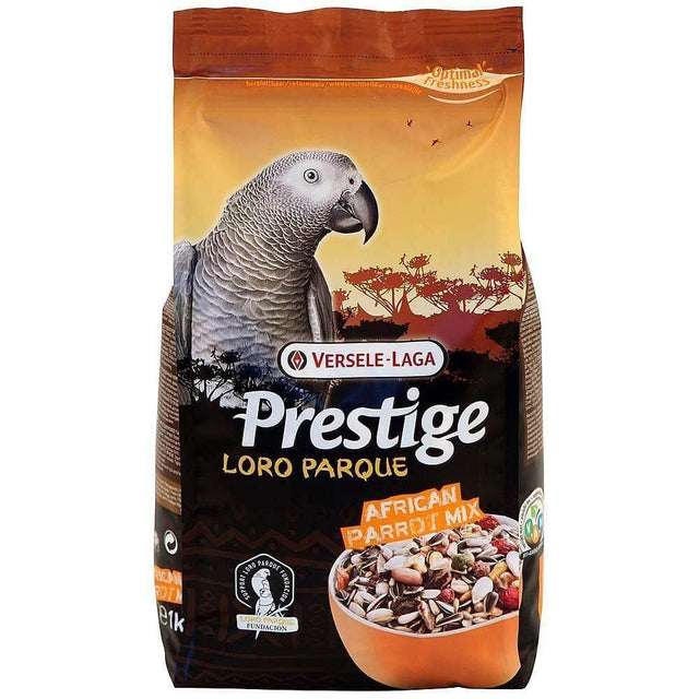 Versele-Laga Prestige Premium African Parrot Food bag featuring a parrot and a seed mix rich in vitamins and minerals.